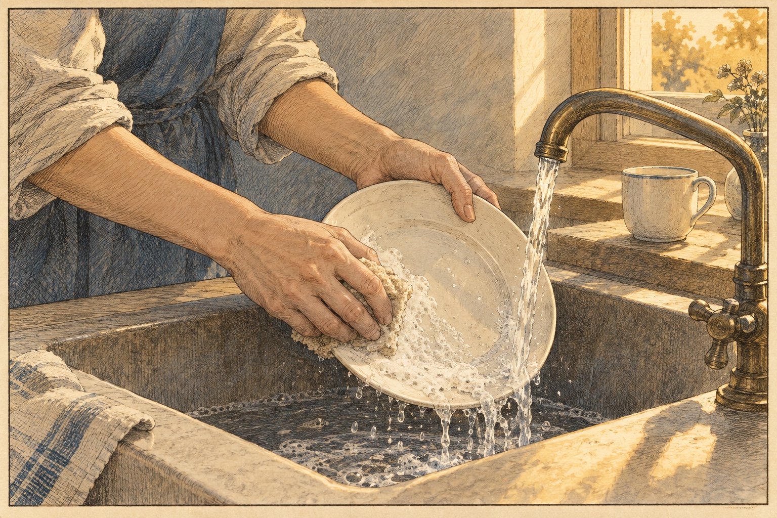 Hands wash a ceramic plate in warm window light, beside an ordinary cup.