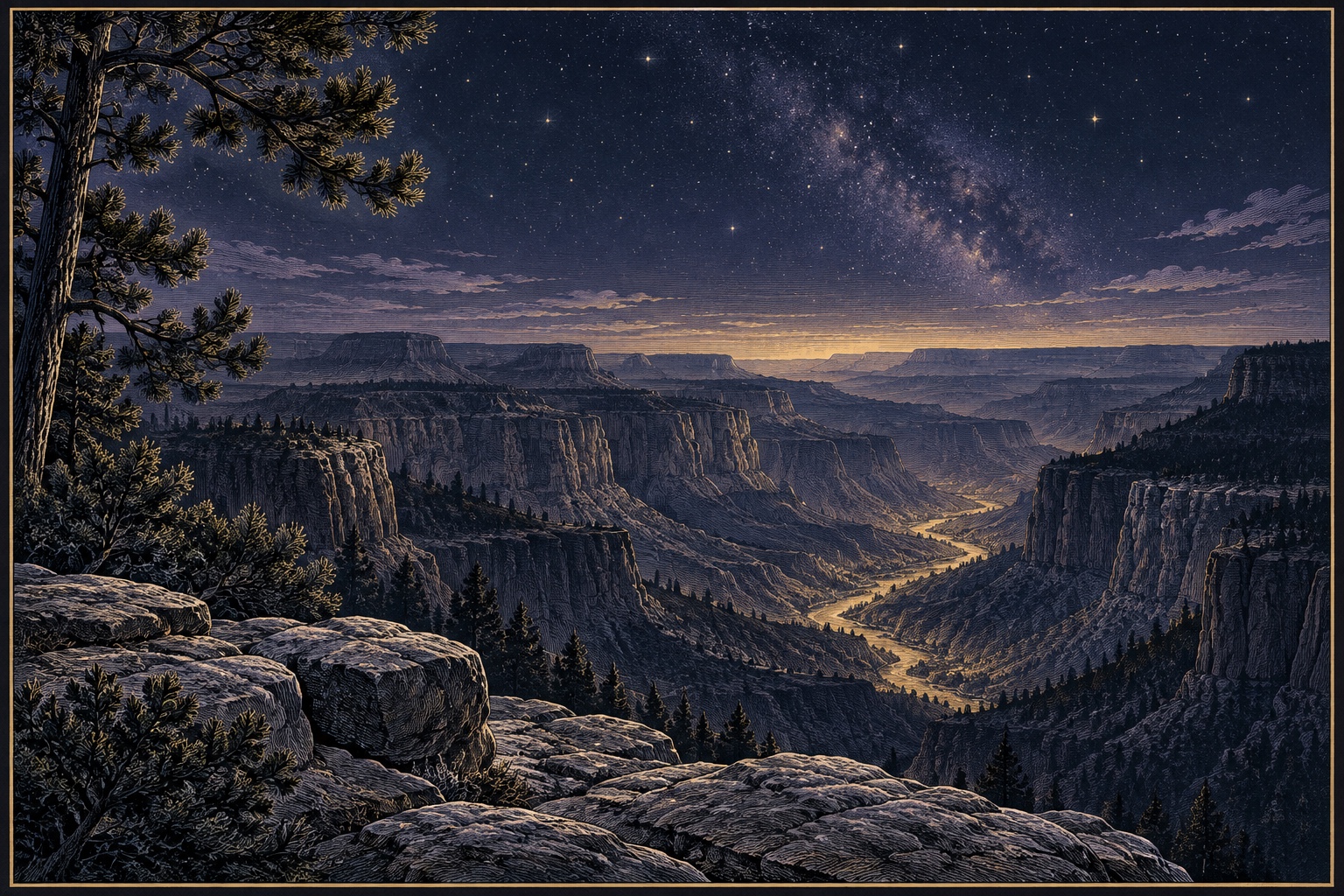 A starlit canyon seen from pine and stone, with a quiet golden glow along its floor.