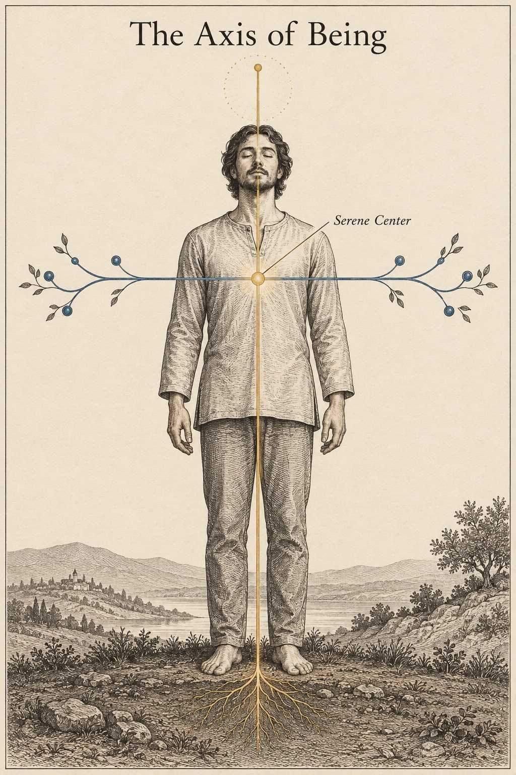 An ivory-paper diagram titled The Axis of Being shows a standing person crossed by a gold vertical line rooted in earth and a blue horizontal line branching outward. Their intersection at the chest is labelled Serene Center.