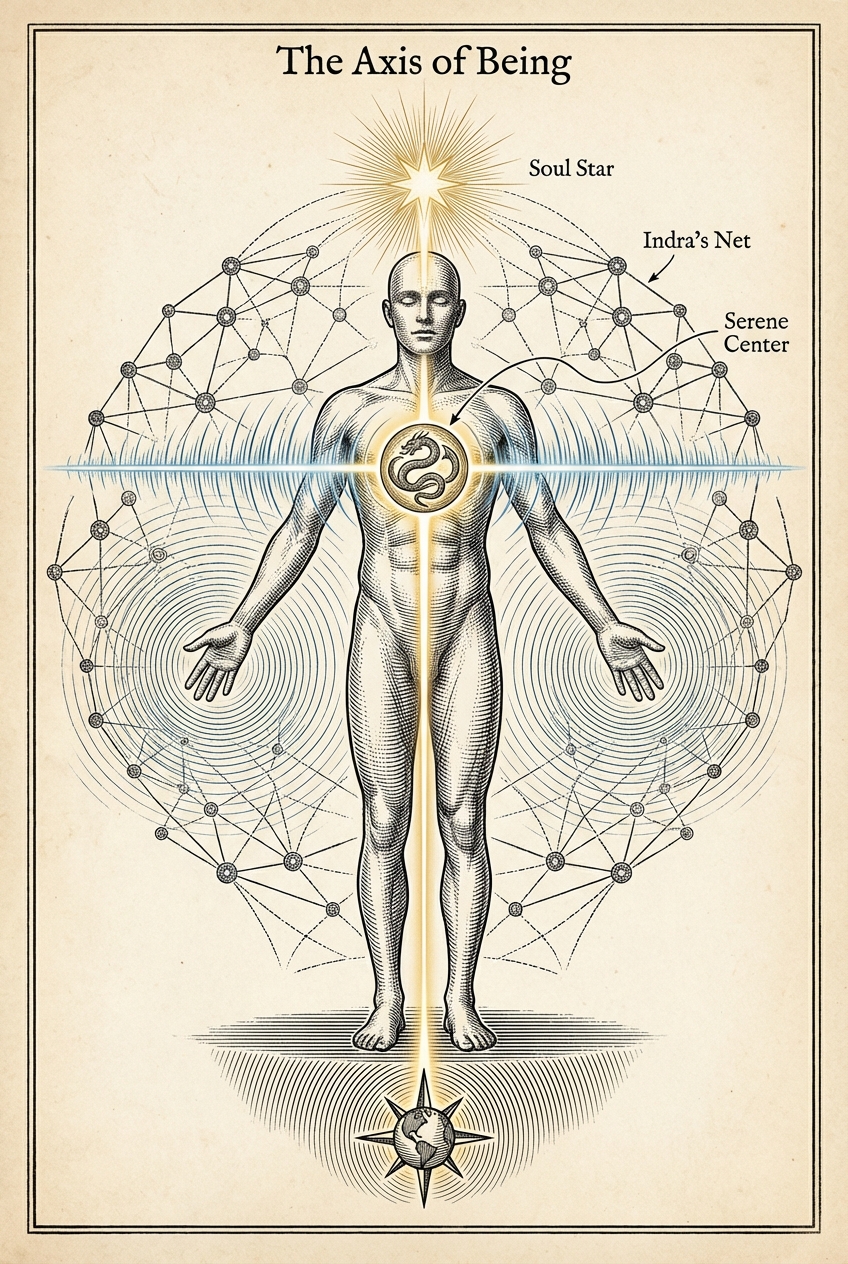 The Axis of Being: a human figure aligned on a vertical beam with radiating networks of Indra’s Net across the horizontal plane.