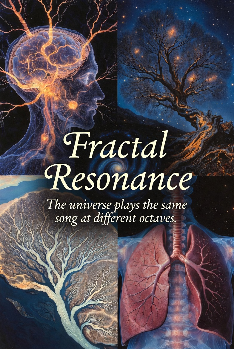 Collage of a brain, a tree, branching veins, and lungs, titled “Fractal Resonance”.