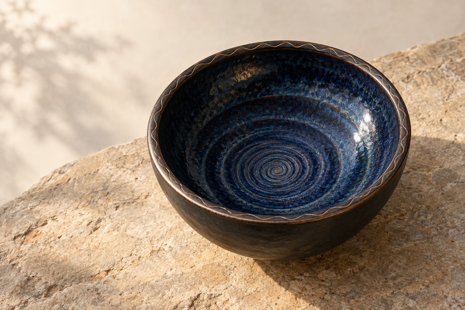 A finite ceramic bowl holds an intricate spiral in its indigo glaze, its rim clearly defined in soft light.