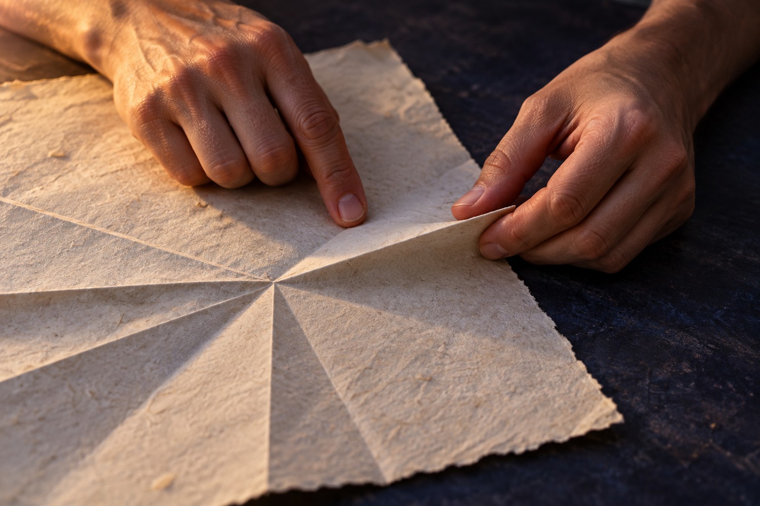 Two hands make a deliberate new crease in handmade paper already marked by earlier folds.