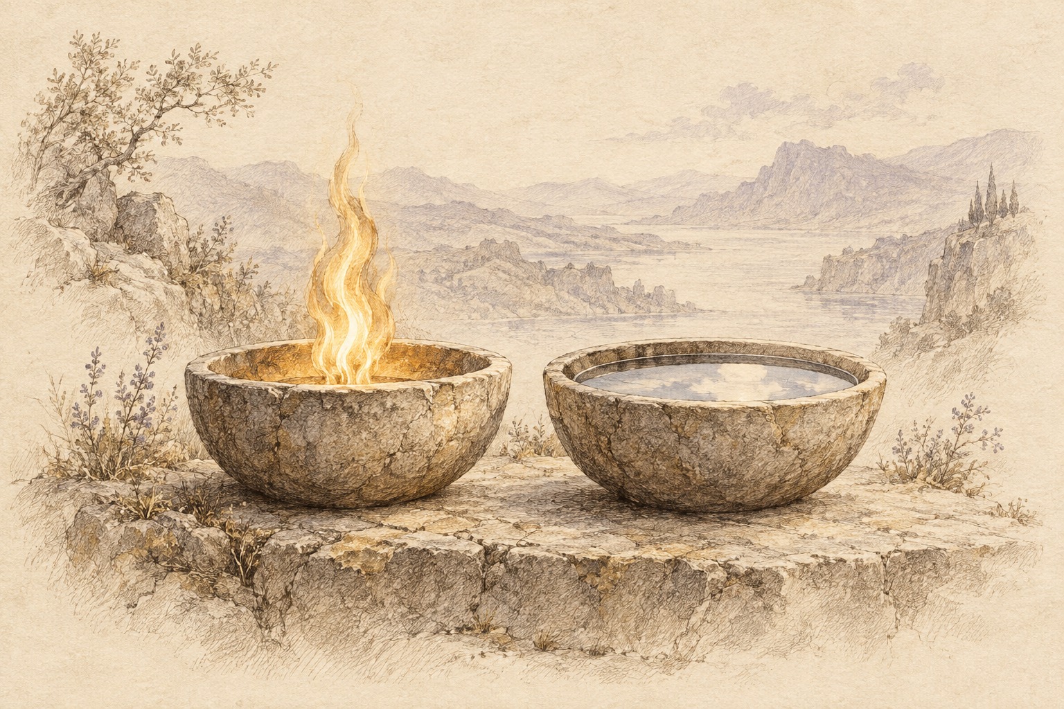 Two stone bowls rest side by side on a shared ledge: one holds a golden flame, the other still water reflecting the sky. Sepia ink and pale lavender washes soften into ivory paper.