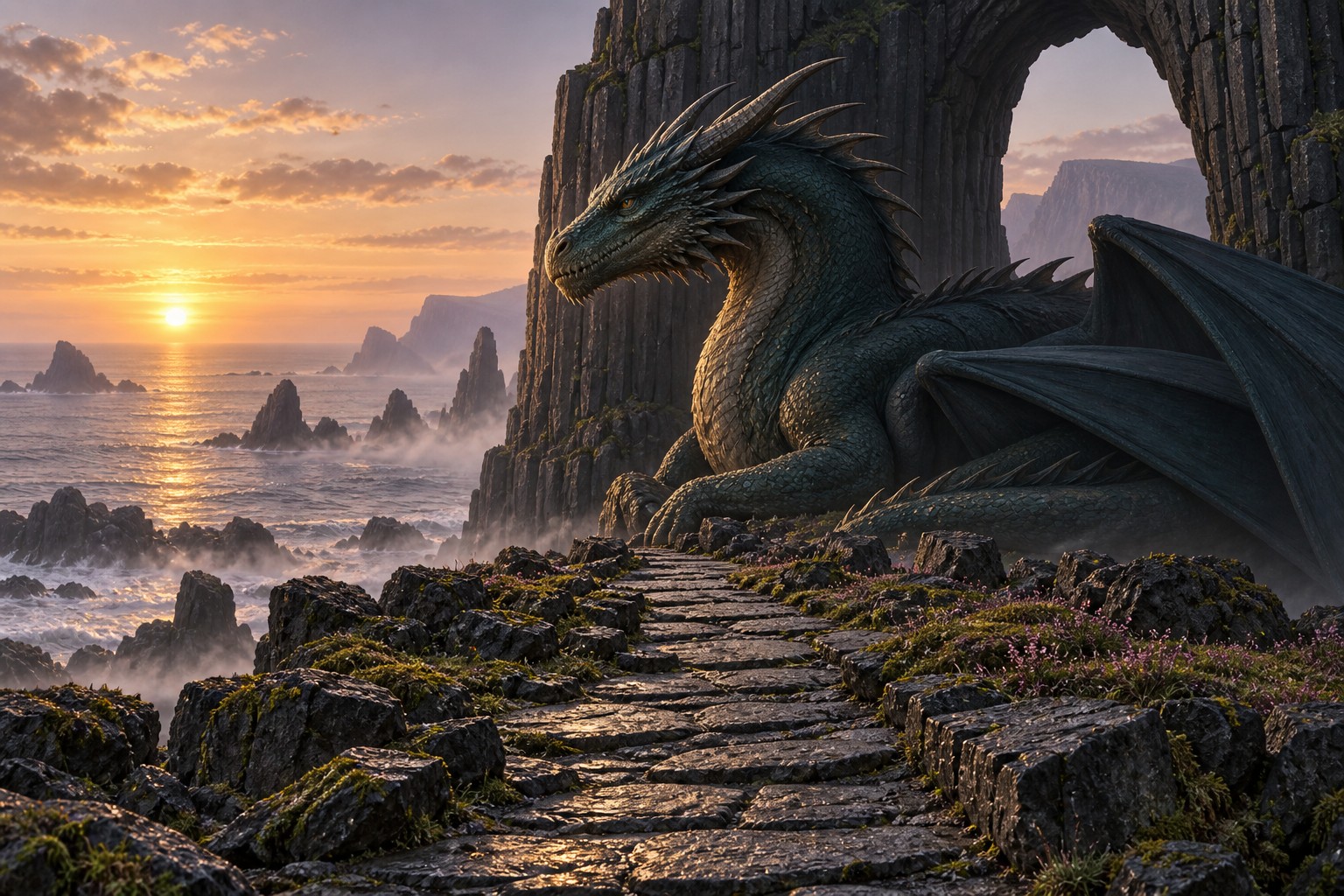A watchful teal Dragon rests beside a basalt arch, with a stone path and the sea opening into dawn.