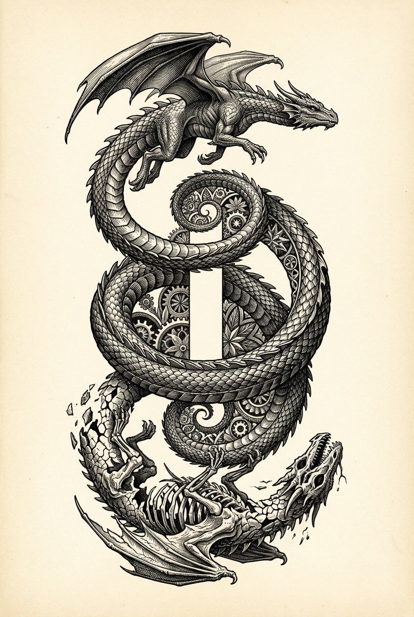 Dragon coiled through a cycle of decay and emergence, gears interlaced with bone and living sinew.