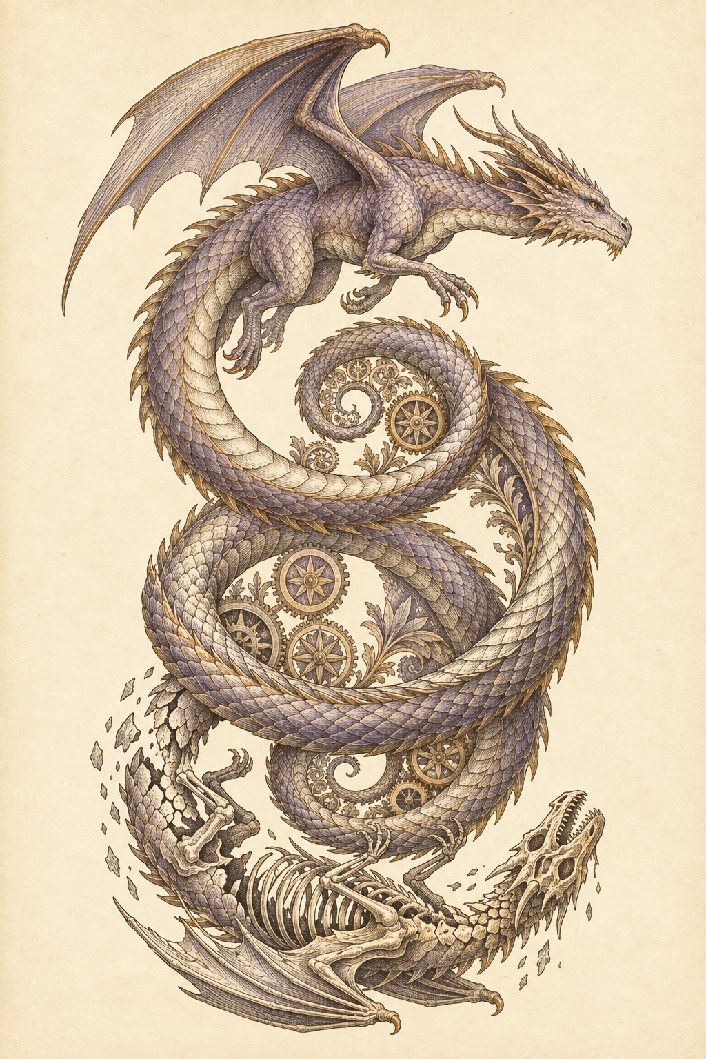 Dragon coiled through a cycle of decay and emergence, gears interlaced with bone and living sinew.