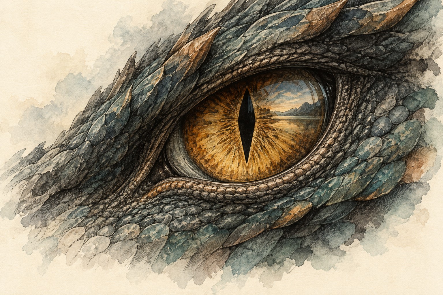 An amber Dragon eye holds a small reflection of a quiet horizon, framed by finely engraved teal scales.