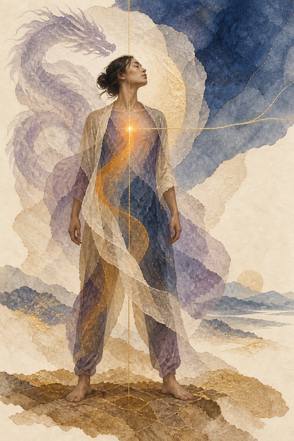 A person stands firmly on earth within overlapping paper layers, with a golden current and a quiet Dragon silhouette.