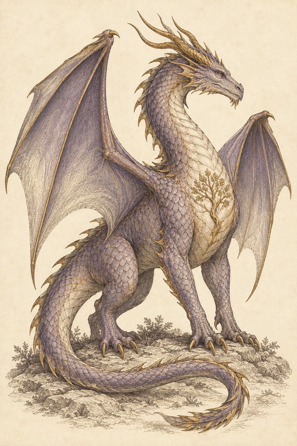 A lavender-and-gold Dragon stands rooted on stone, a living tree branching across its chest.