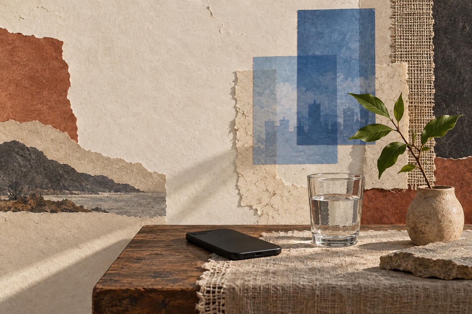 Paper and linen fragments surround a phone set face down, a glass of water, and a living green branch.