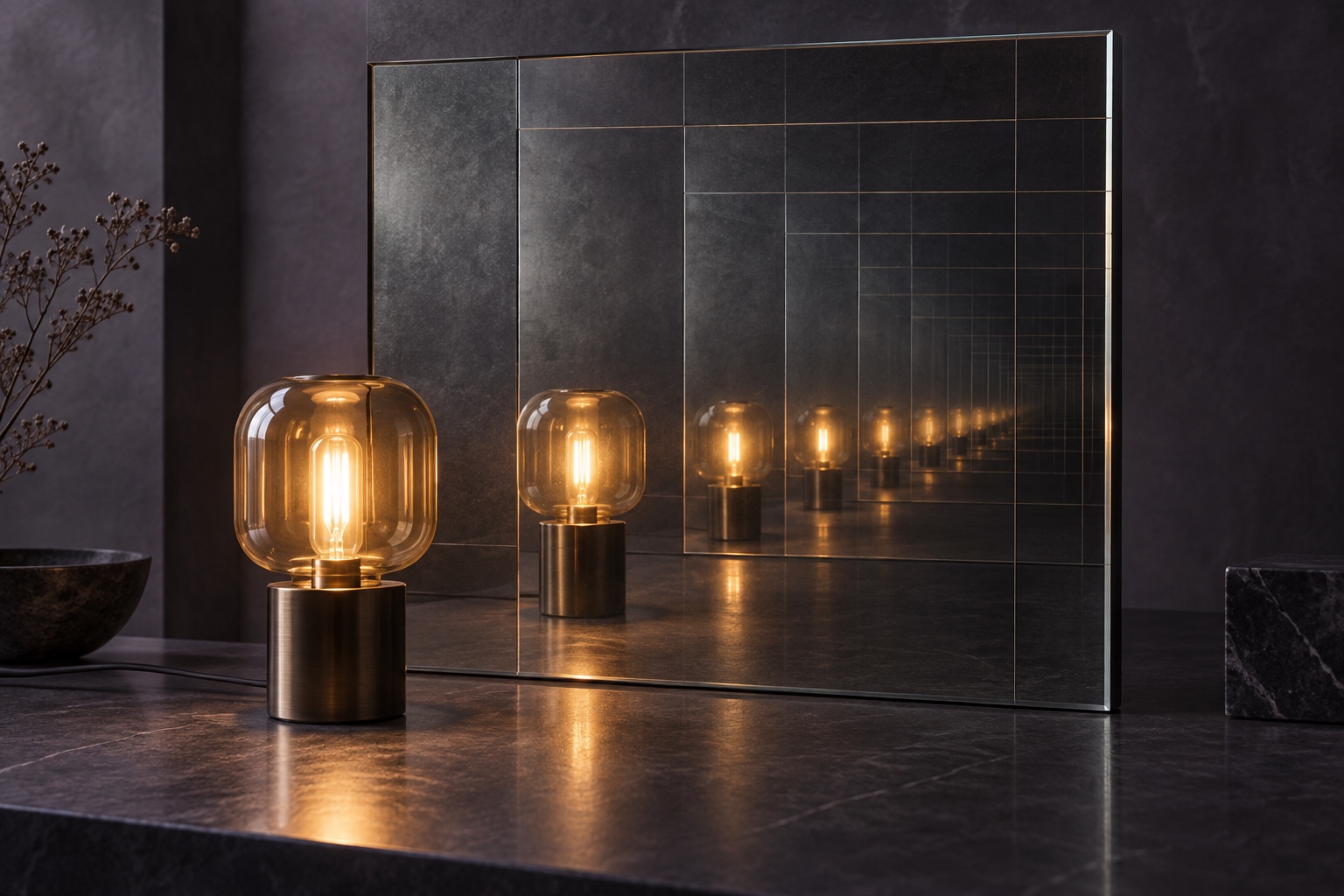 An amber lamp stands before smoked glass, its light repeated in receding reflections.