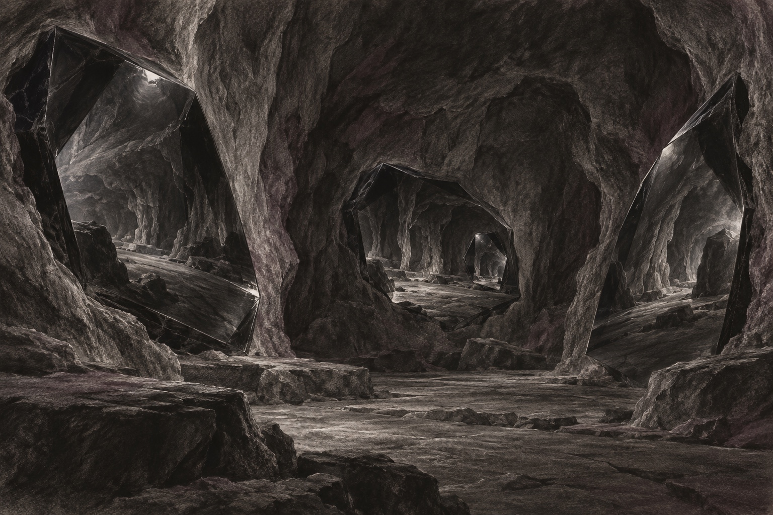 Charcoal cave walls hold polished dark facets, each reflecting a partial view of the chamber within.