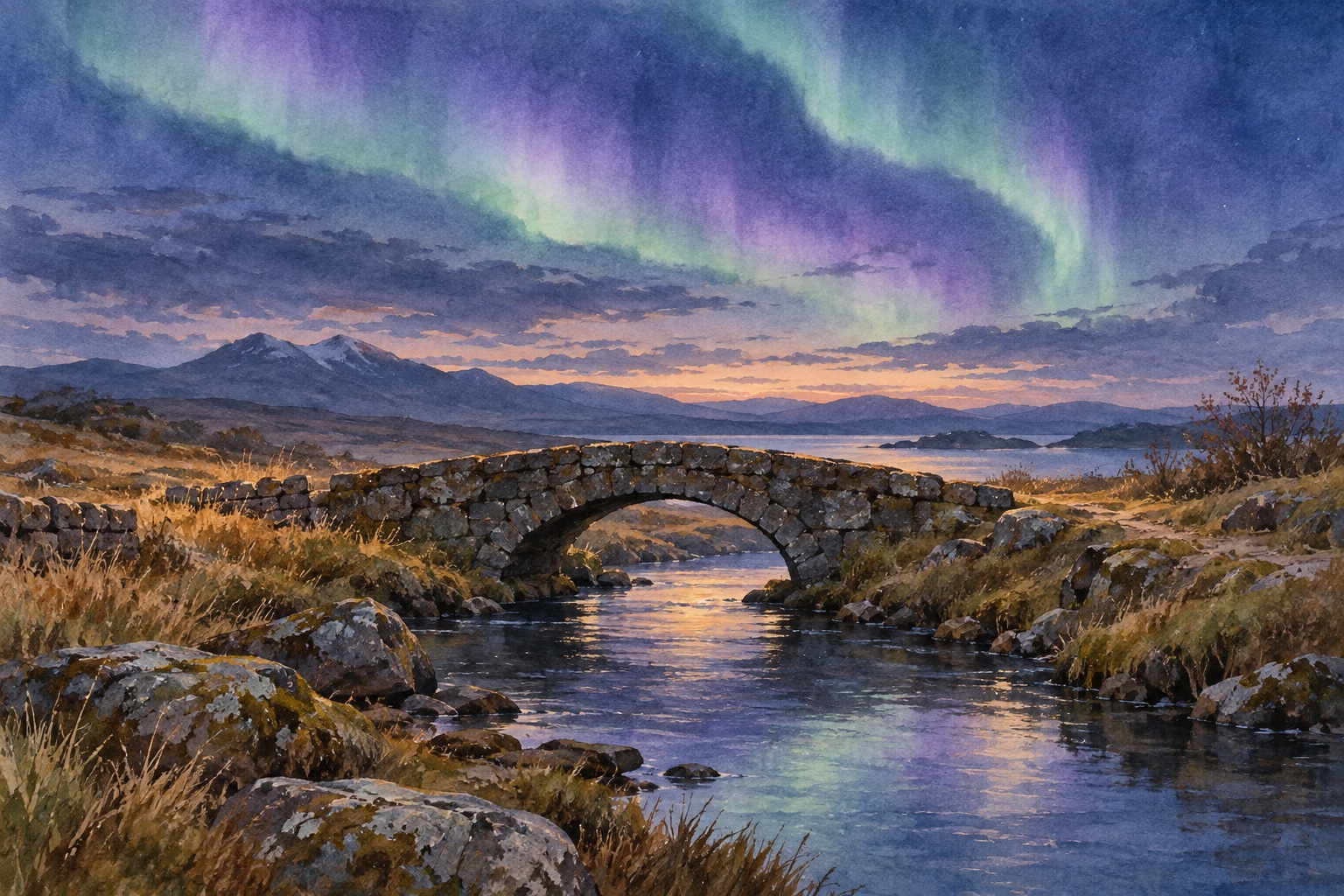 A low stone bridge spans quiet water beneath a diffuse lavender and green aurora.
