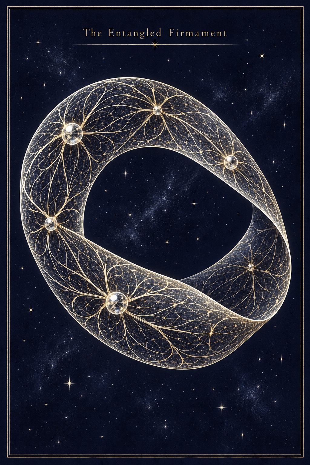 Möbius web of starlit threads titled The Entangled Firmament, with mirrored spheres woven into a single continuous surface.