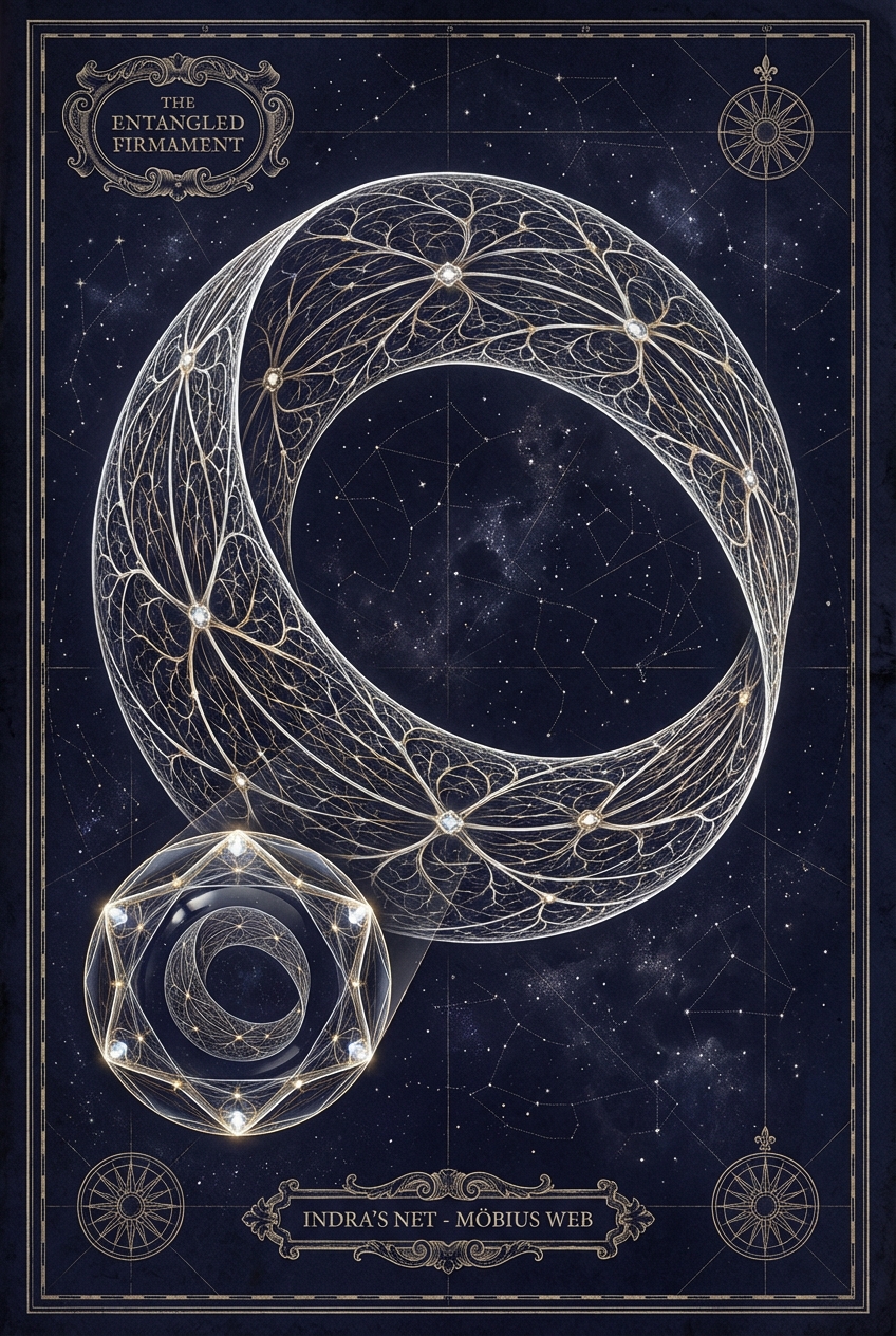 Möbius web of starlit threads titled The Entangled Firmament, with mirrored spheres woven into a single continuous surface.