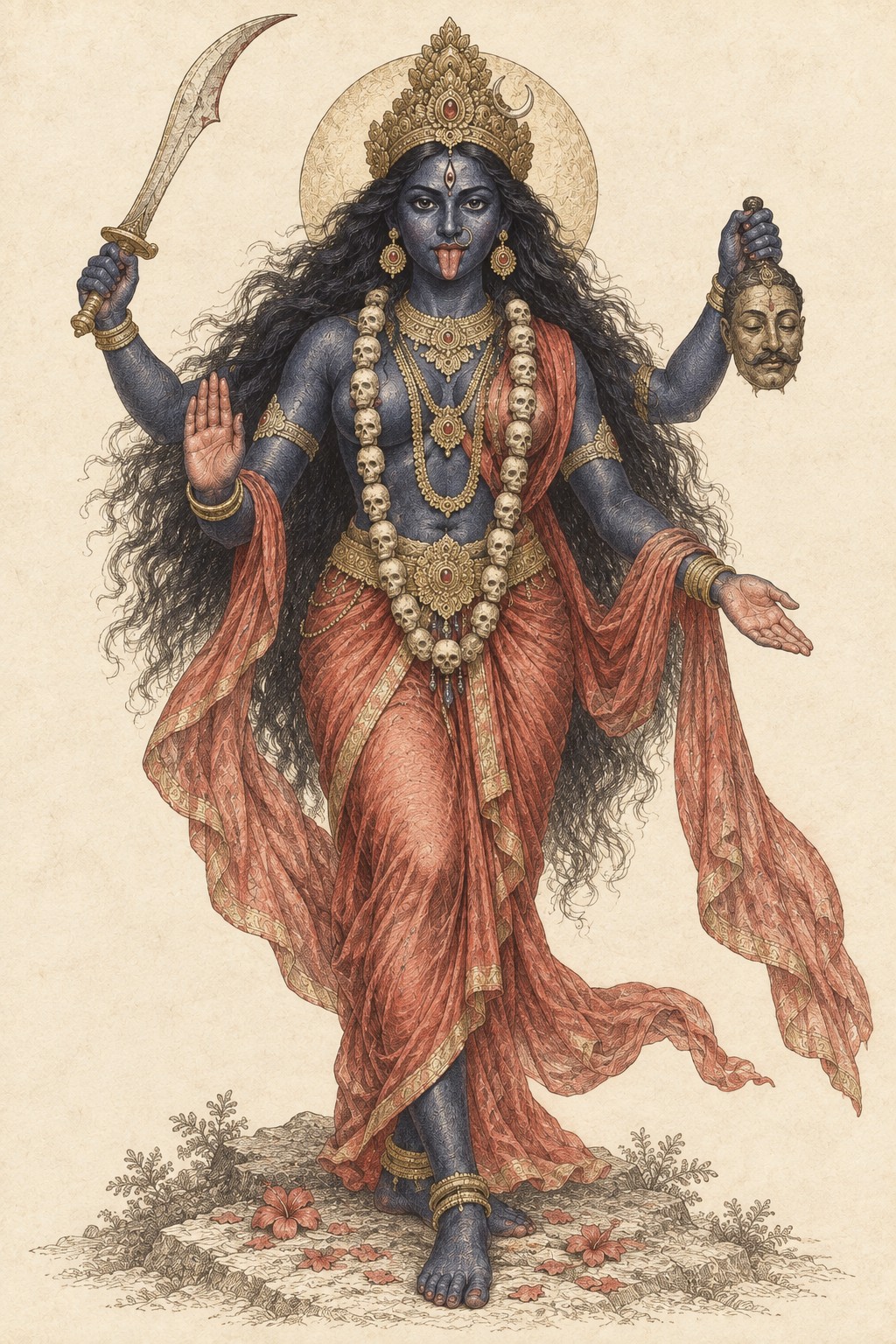 Kali, with four arms, a curved sword and a symbolic golden head, stands in red drapery, finely engraved on warm ivory paper.