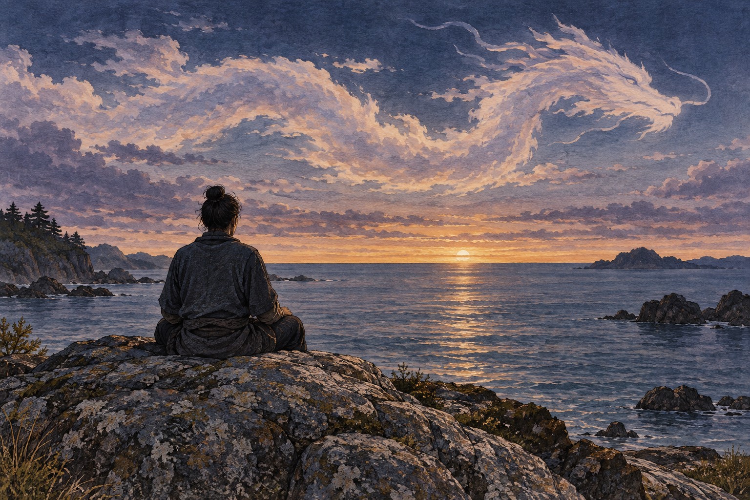 A clothed person sits on coastal stone beneath a single cloud shaped like a Dragon, facing the quiet sea.