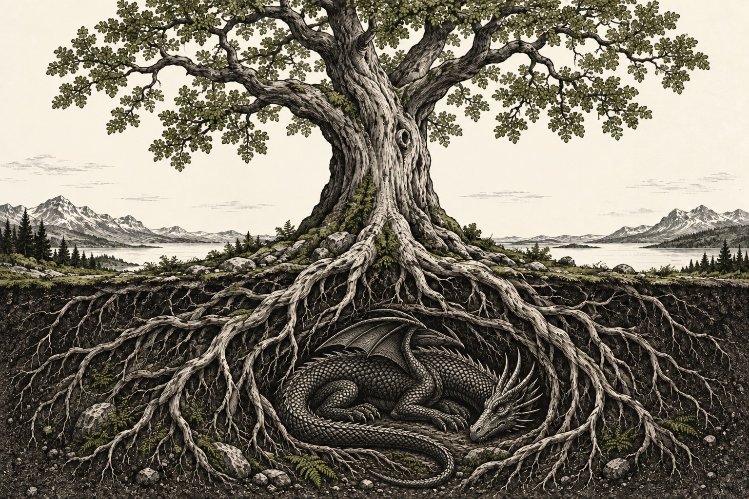 Níðhöggur rests beneath the spreading roots of the World Tree, its body curled within the earth.