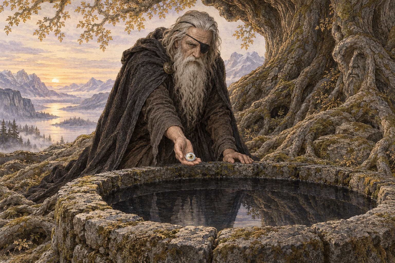 Odin offers a symbolic eye at Mímir’s Well beneath ancient roots, one eye covered and the other fixed on the exchange.