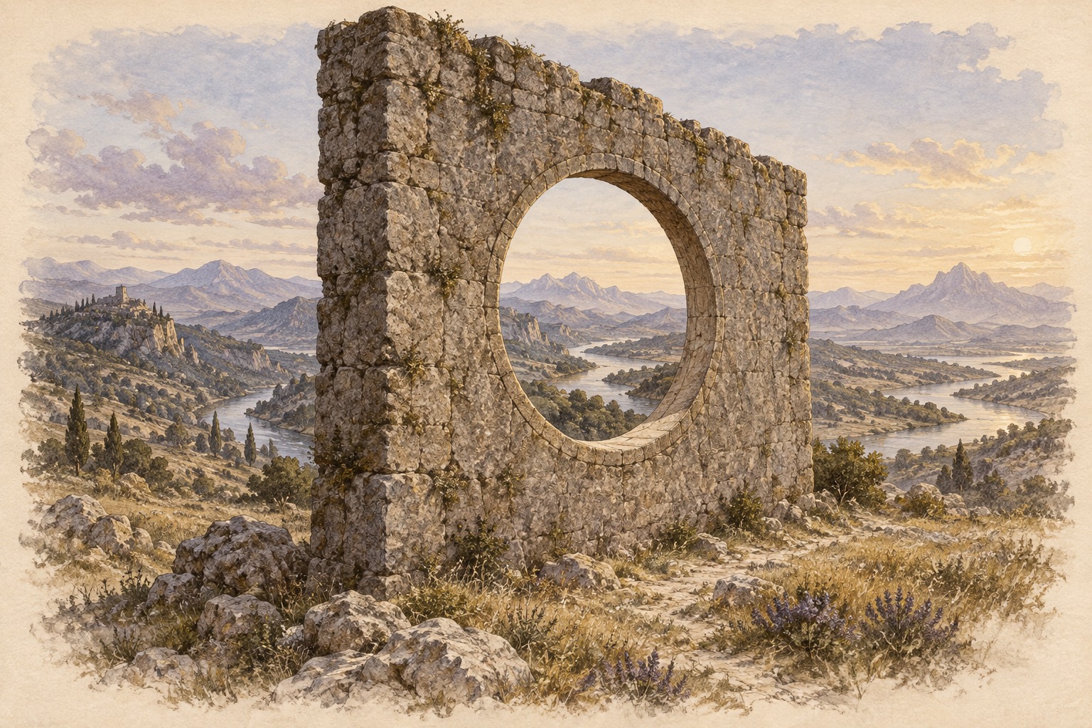A circular opening in a freestanding stone wall frames mountains and a river. The same landscape continues around both sides of the wall, drawn in sepia, lavender and gold on ivory paper.