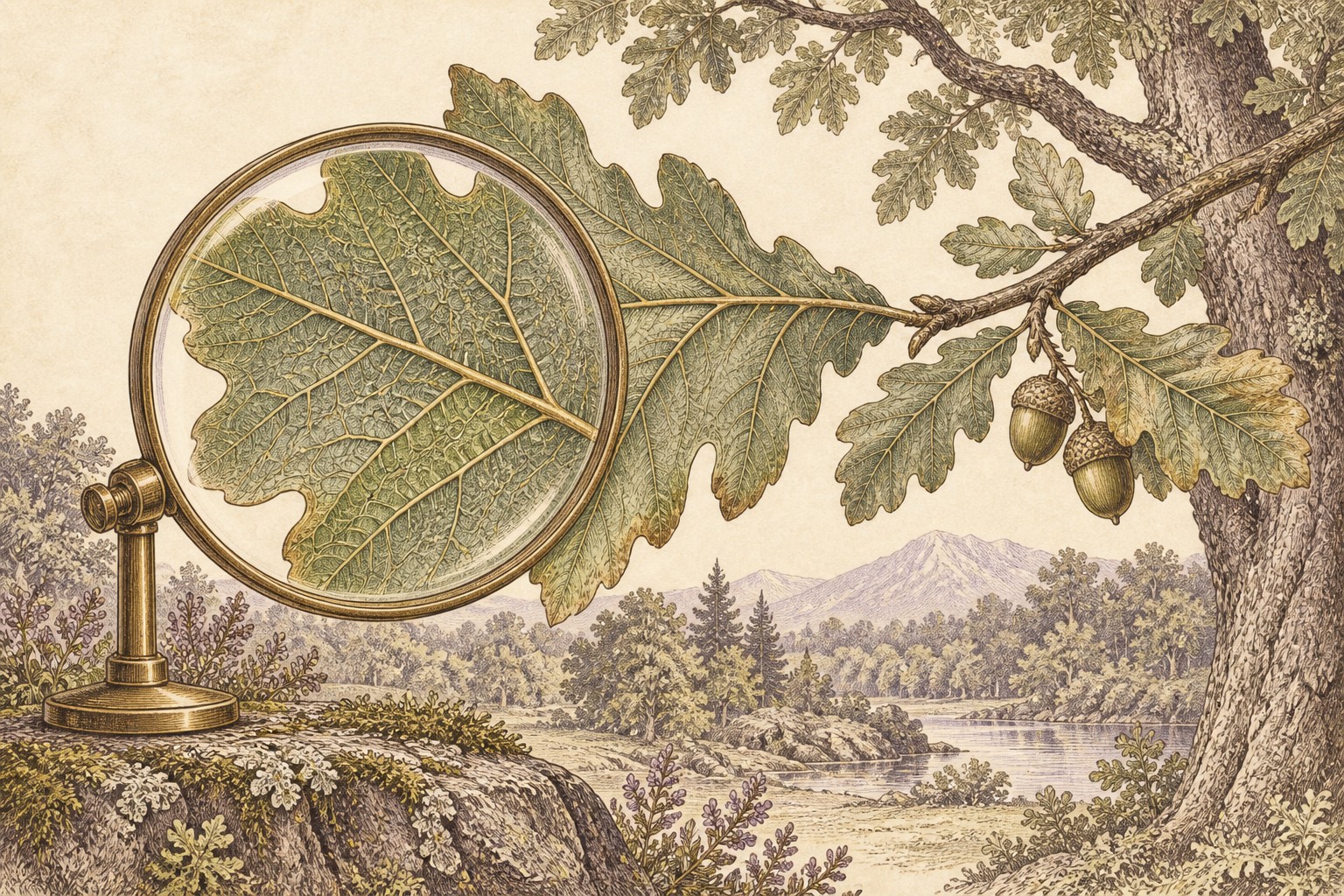 A magnifying glass reveals the fine veins of a leaf still attached to a branch, with the wider tree and woodland visible beyond.