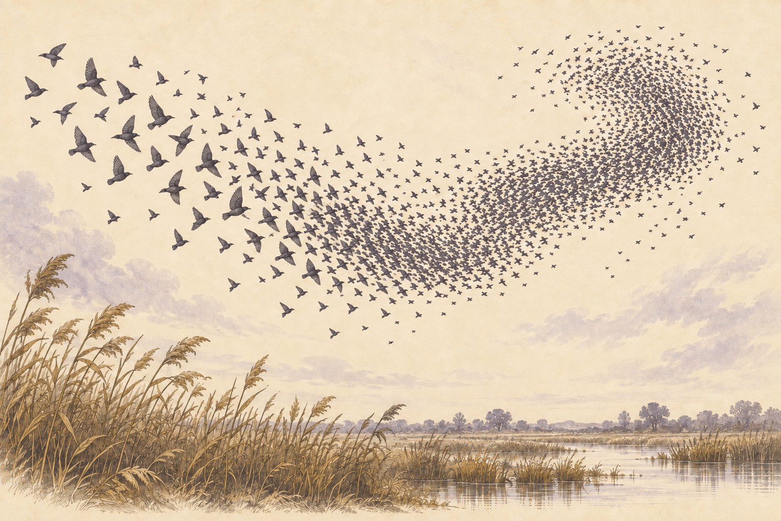 Many small starlings turn together in a loose sweeping flock; a few nearer birds remain individually visible.