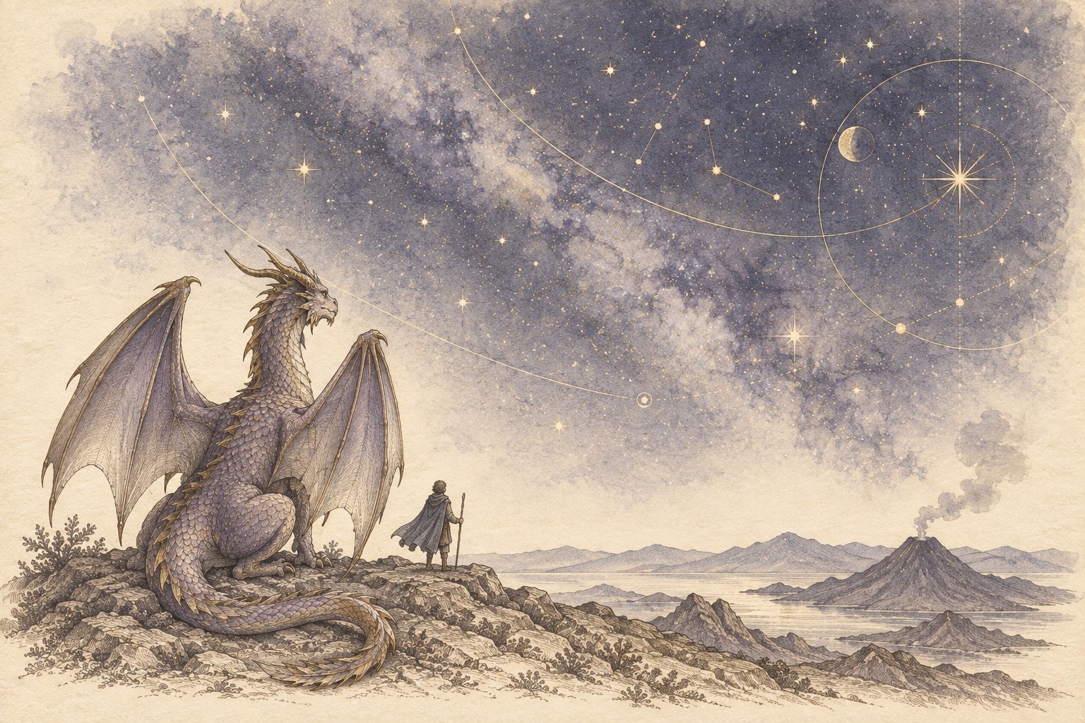 A small traveller and a resting Dragon stand on volcanic ground beneath a wide sky of stars and faint connecting arcs.