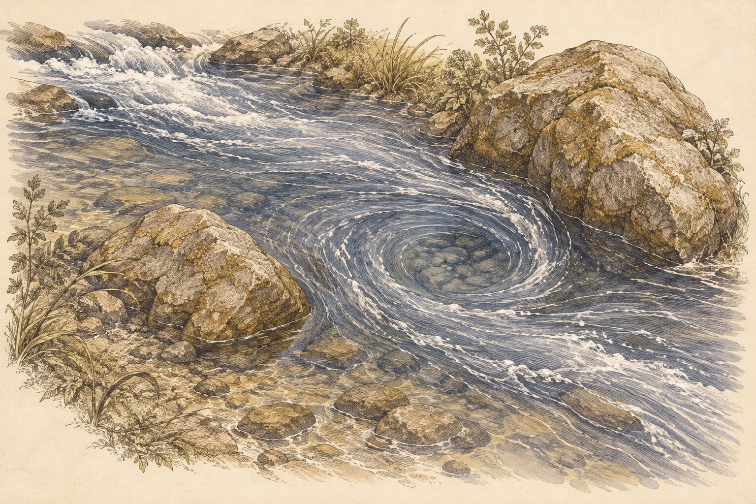 Water enters a shallow rocky channel, turns around a small whirlpool and continues downstream between stones.