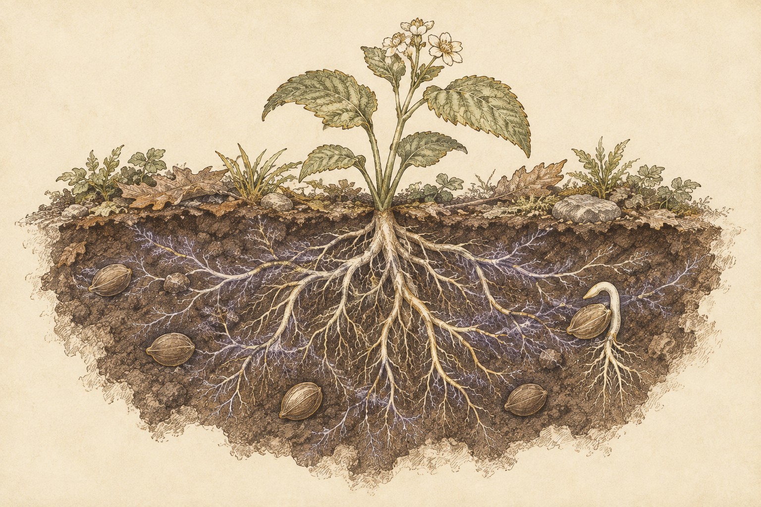 A cutaway of earth reveals fine fungal threads, branching roots and several dormant seeds beneath a young plant.