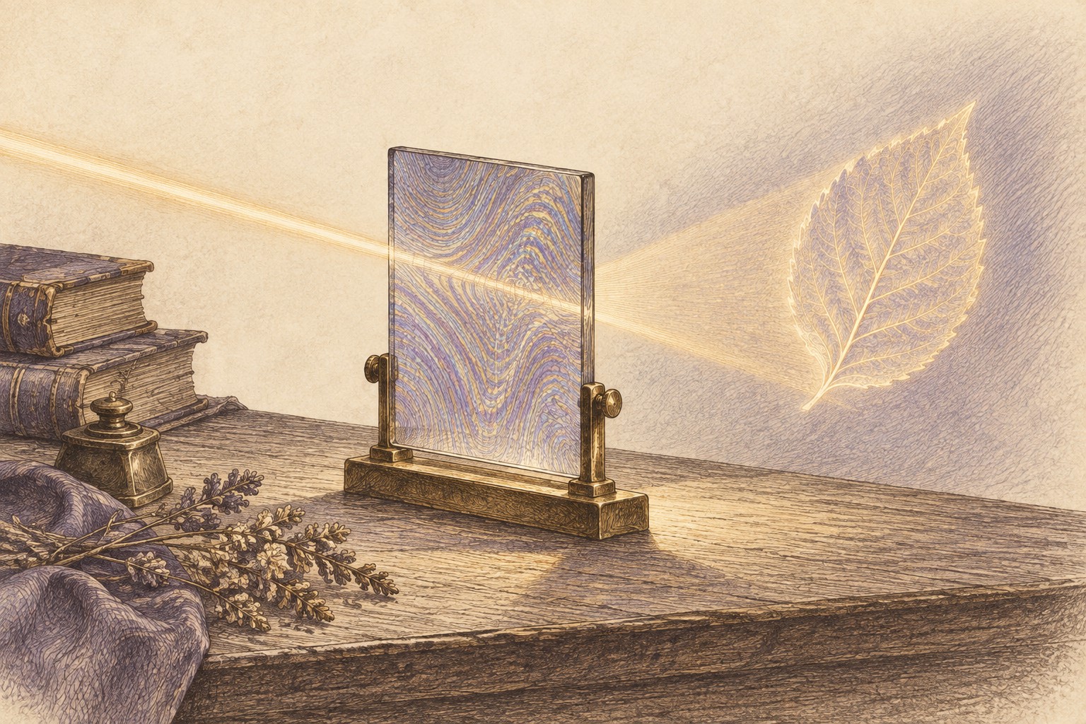 A small glass plate holds fine interference-like bands; under a narrow beam of light, a translucent image of a leaf appears beyond it.