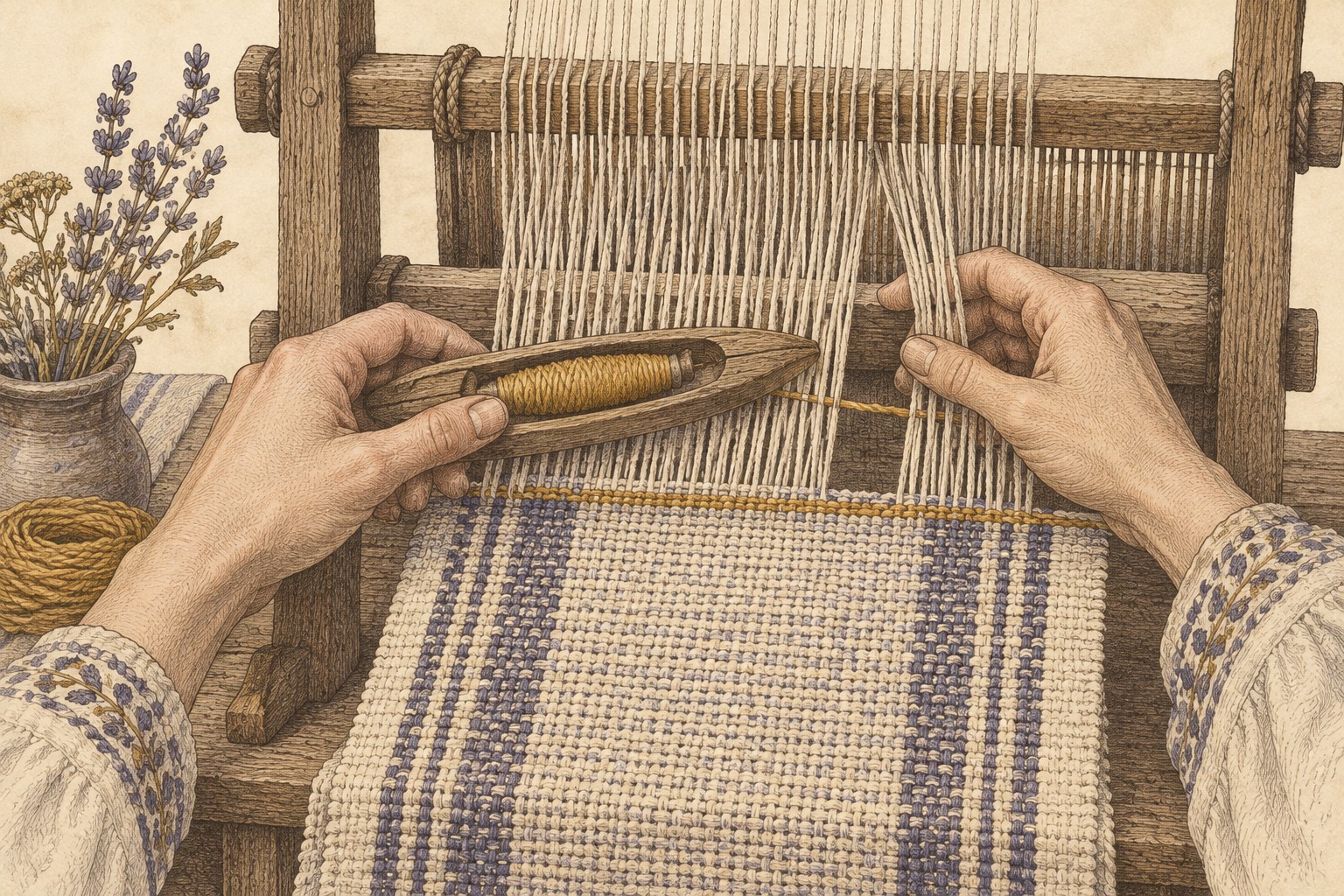 Two hands guide a wooden shuttle through a small loom, adding one ochre thread to a fabric of indigo and cream.