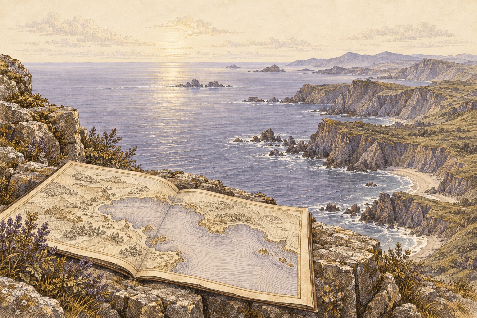 An open hand-drawn coastal map rests on a stone ledge, while the actual coastline continues far beyond its paper edge.