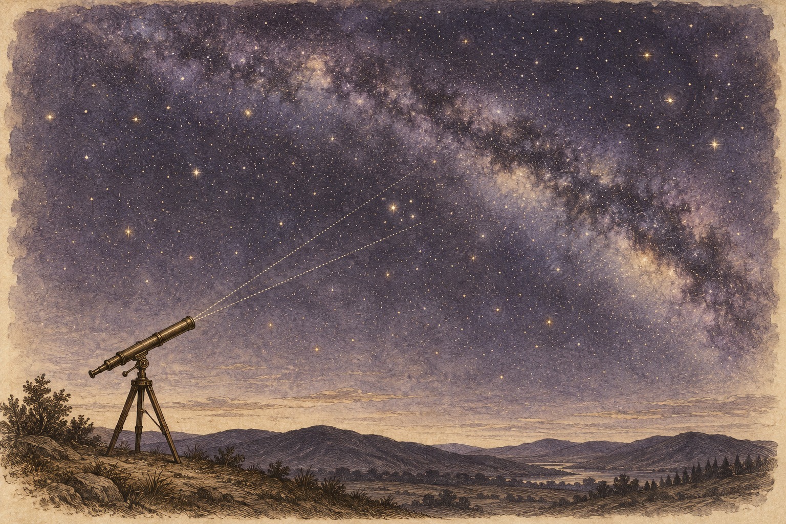 An antique telescope points toward a small cluster of stars. Two faint sight lines mark a narrow field of view within a much wider lavender-and-gold night sky.