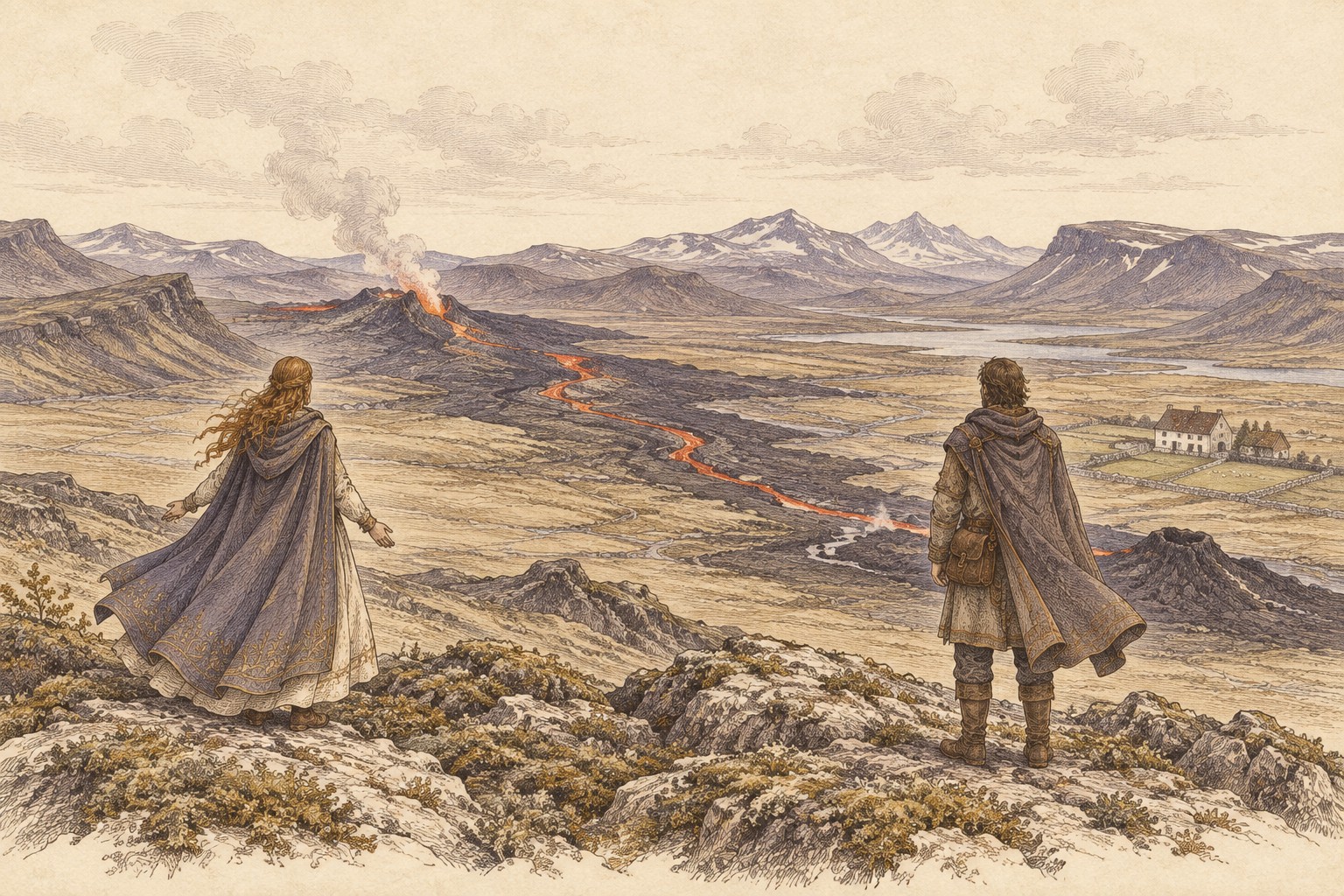 Two people watch the same distant lava flow from a ridge; a small house stands in the valley below.