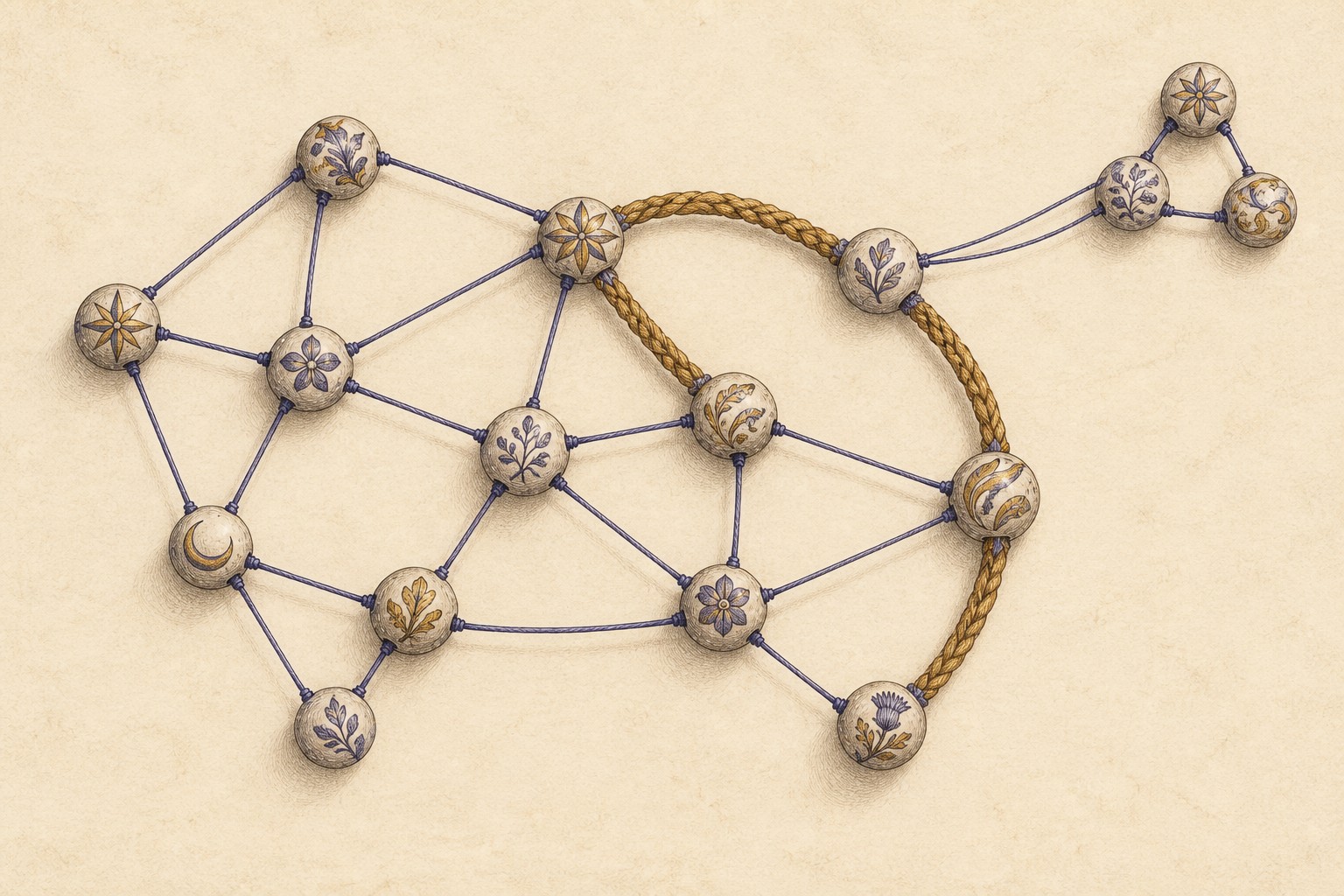 Small ceramic beads form an open network linked by threads; some routes are thick and others fine, with several loops and a loosely connected cluster.