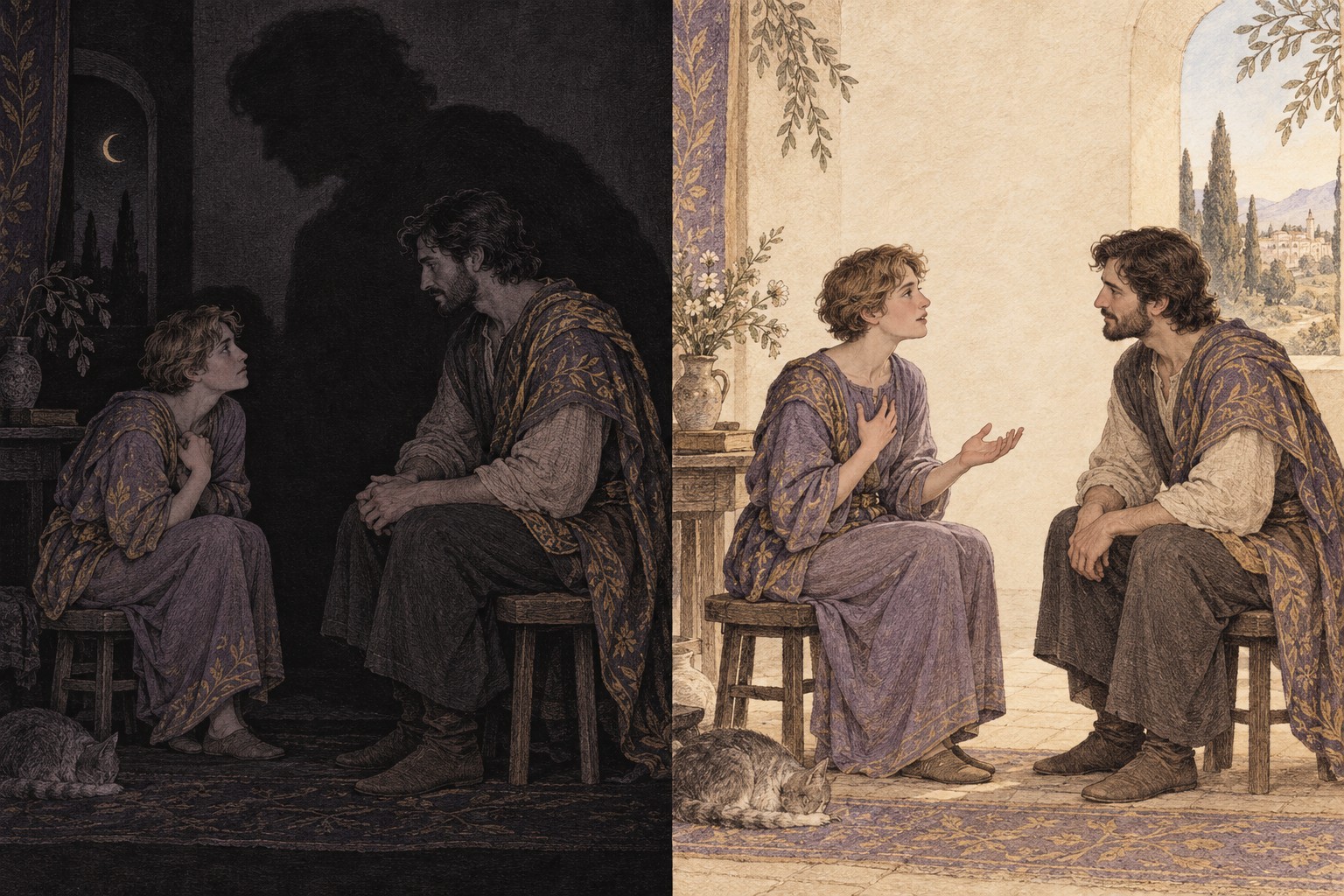 On black paper an adult curls inward beneath another’s large shadow; on ivory paper the same adult sits upright and speaks openly.