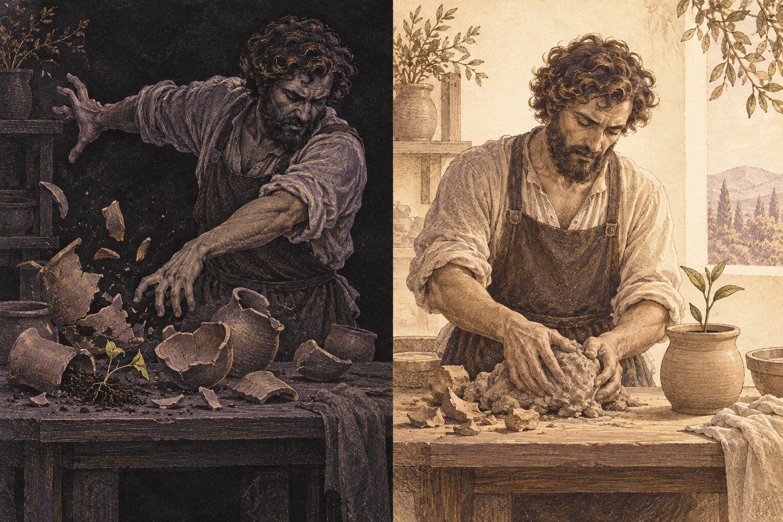 On black paper a potter scatters broken clay vessels; on ivory paper the potter reclaims clay beside a newly planted pot.