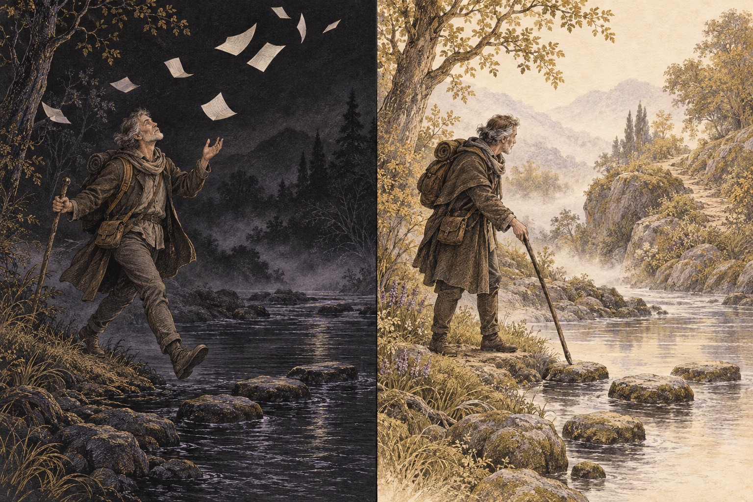On black paper a distracted traveller steps away from a crossing; on ivory paper the same traveller tests a stepping stone with a staff.