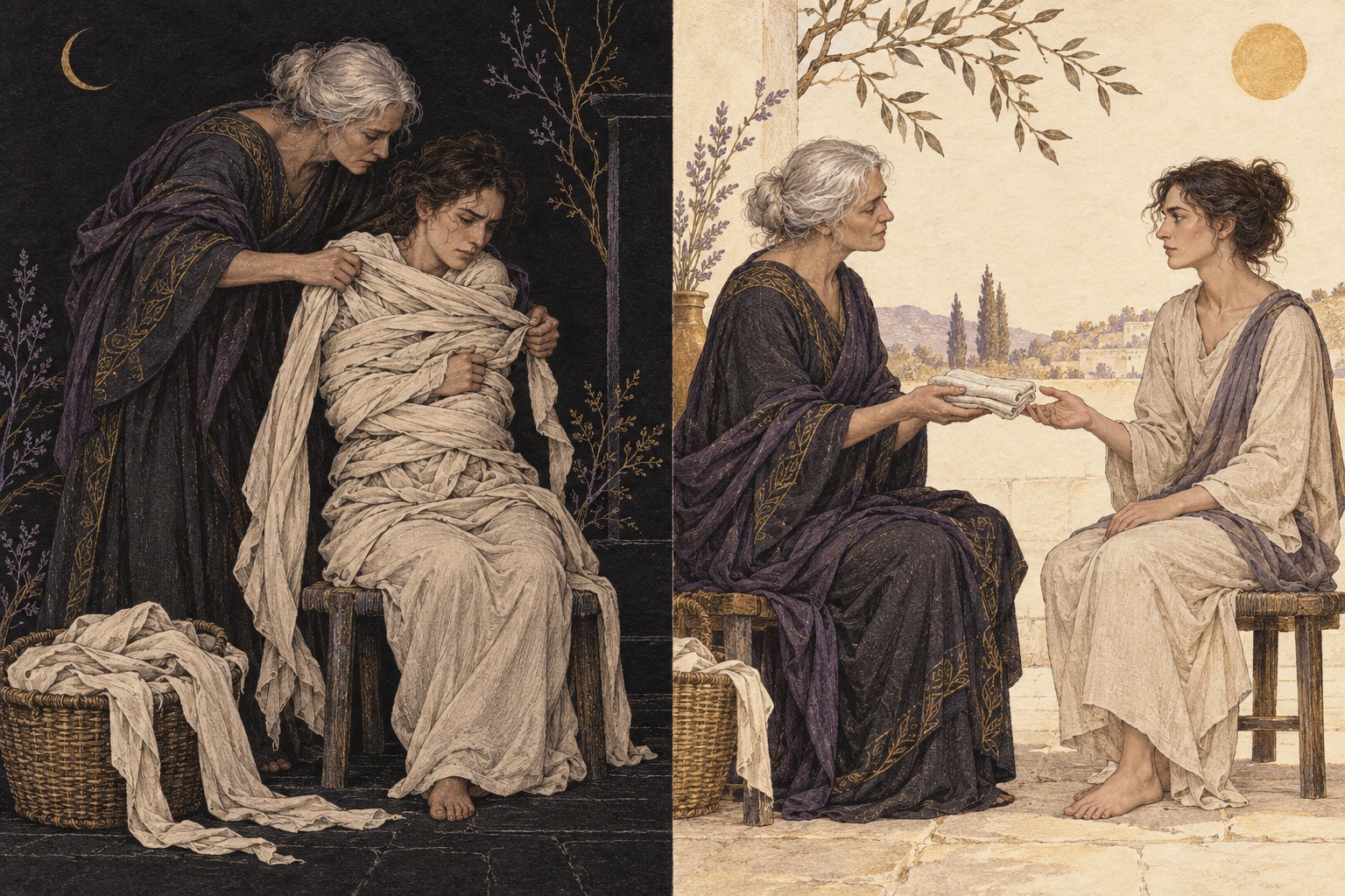 On black paper a caregiver wraps another adult too tightly; on ivory paper she offers a cloth and waits for them to accept.
