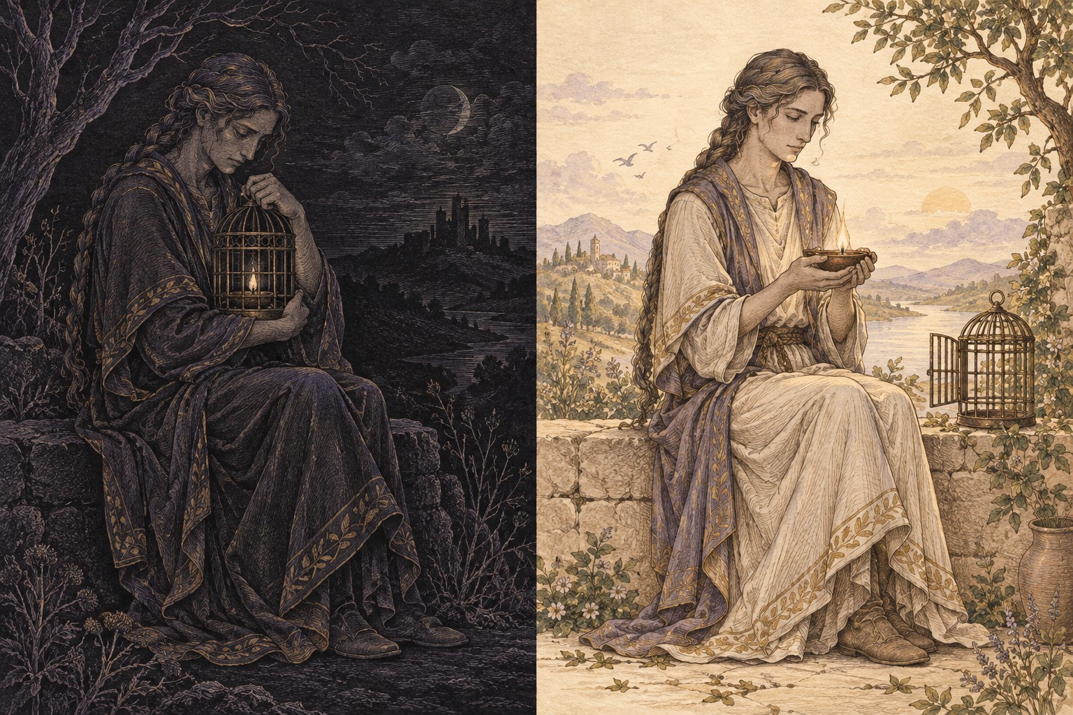 On black paper a steward encloses a lamp in a heavy cage; on ivory paper the cage is open and the flame rests in a steady bowl.