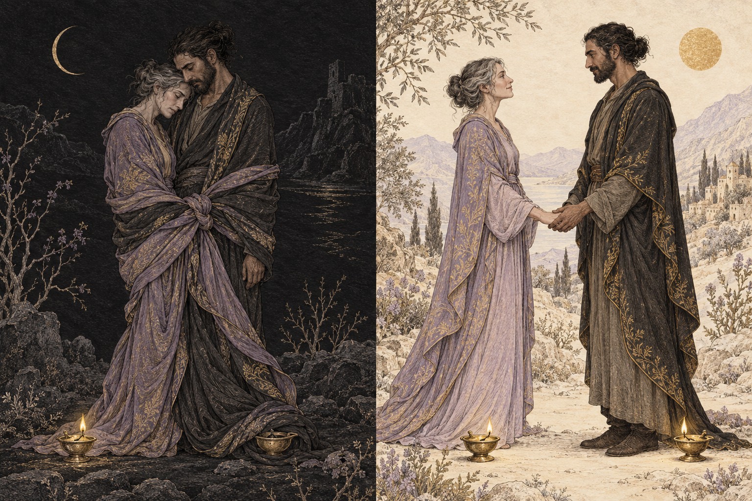 On black paper two adults’ robes are tangled together; on ivory paper they stand independently and meet hands, each beside a lamp.