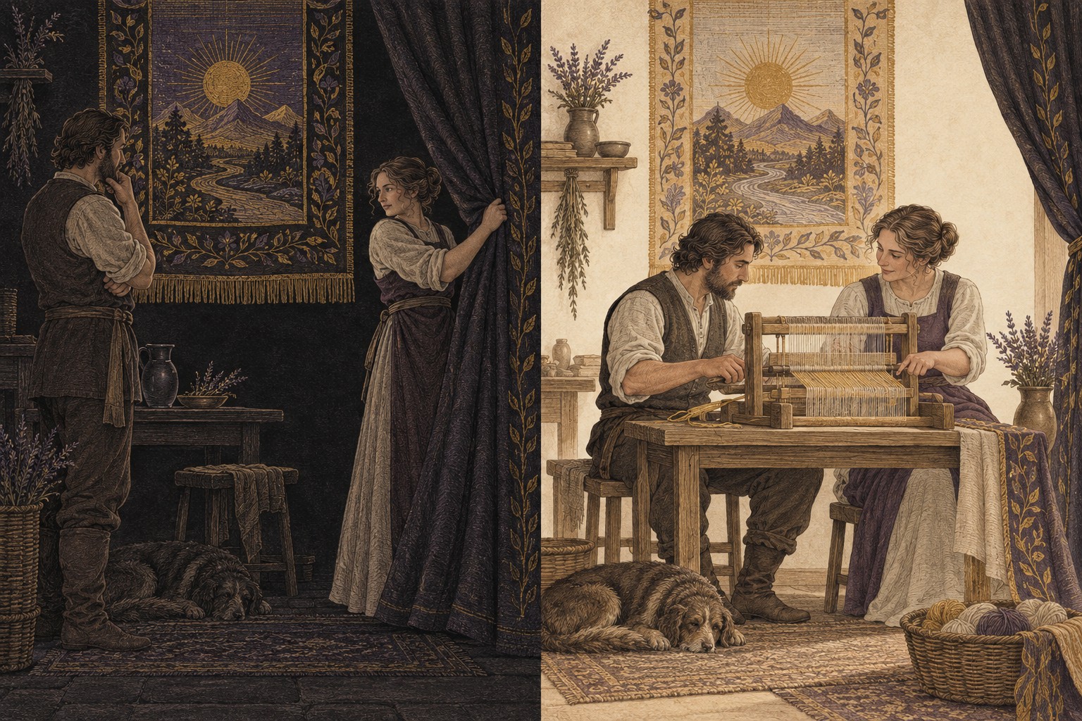 On black paper a maker displays a finished tapestry framed by curtains; on ivory paper two people share the work at an uncovered loom.