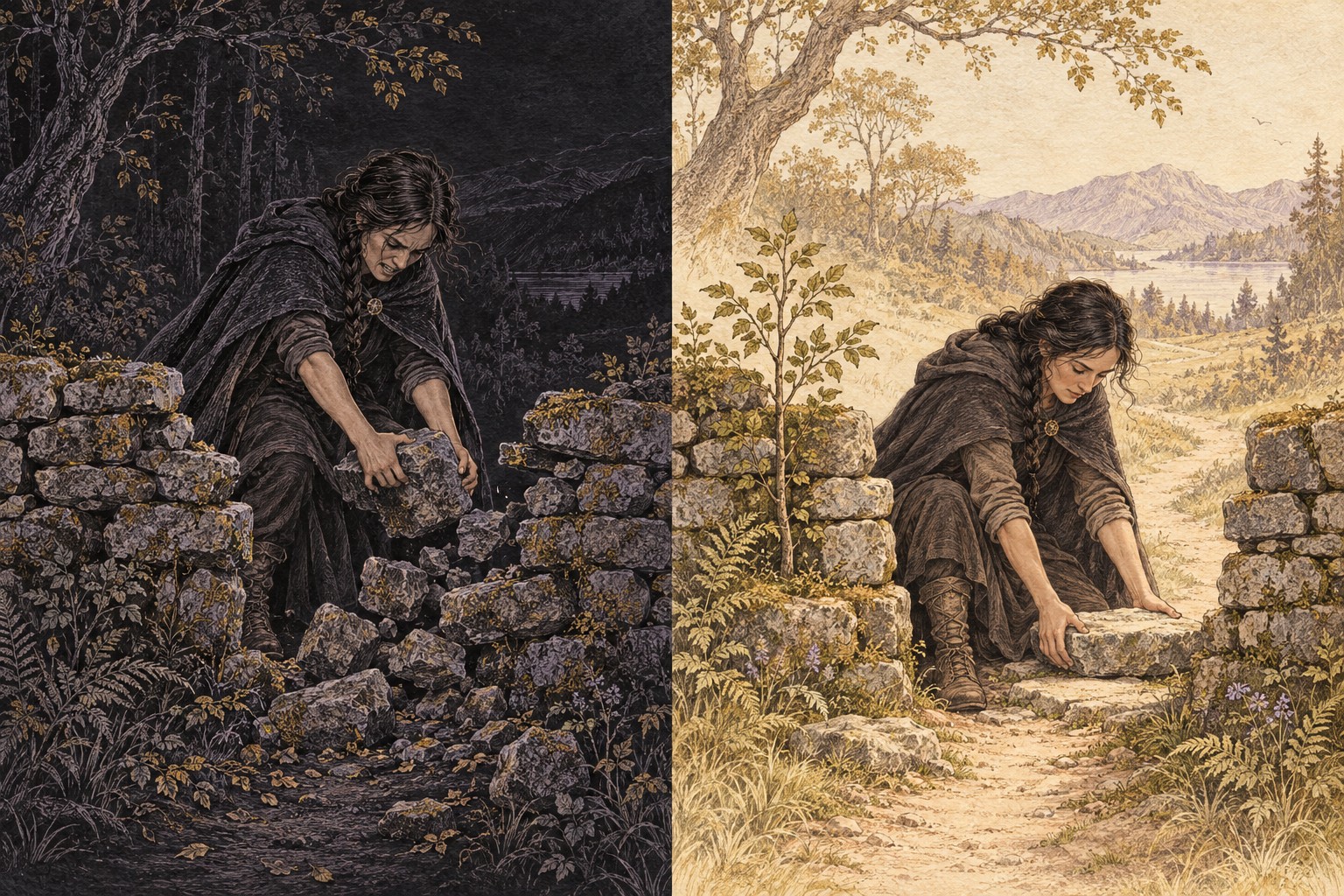 On black paper a walker keeps dismantling a broken wall; on ivory paper they use a removed stone to build a path through it.