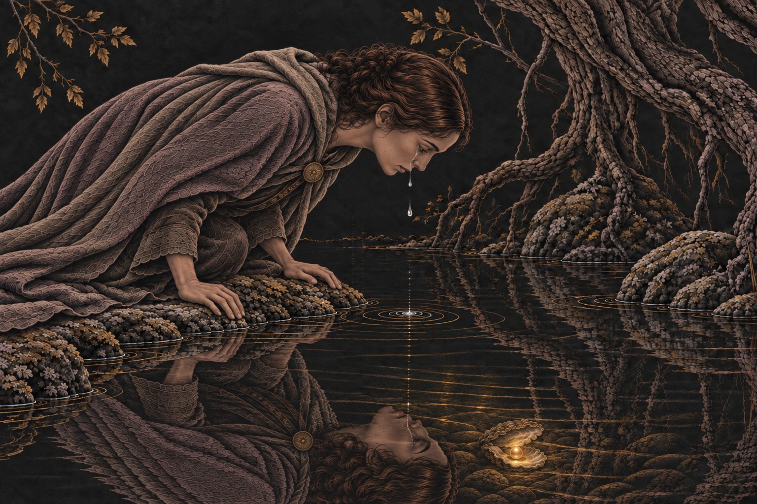 On black textured paper, a woman leans past the shore over a pool, tears falling vertically from her cheek to ripples directly below; an open shell with a glowing golden pearl lies underwater beside her reflection.