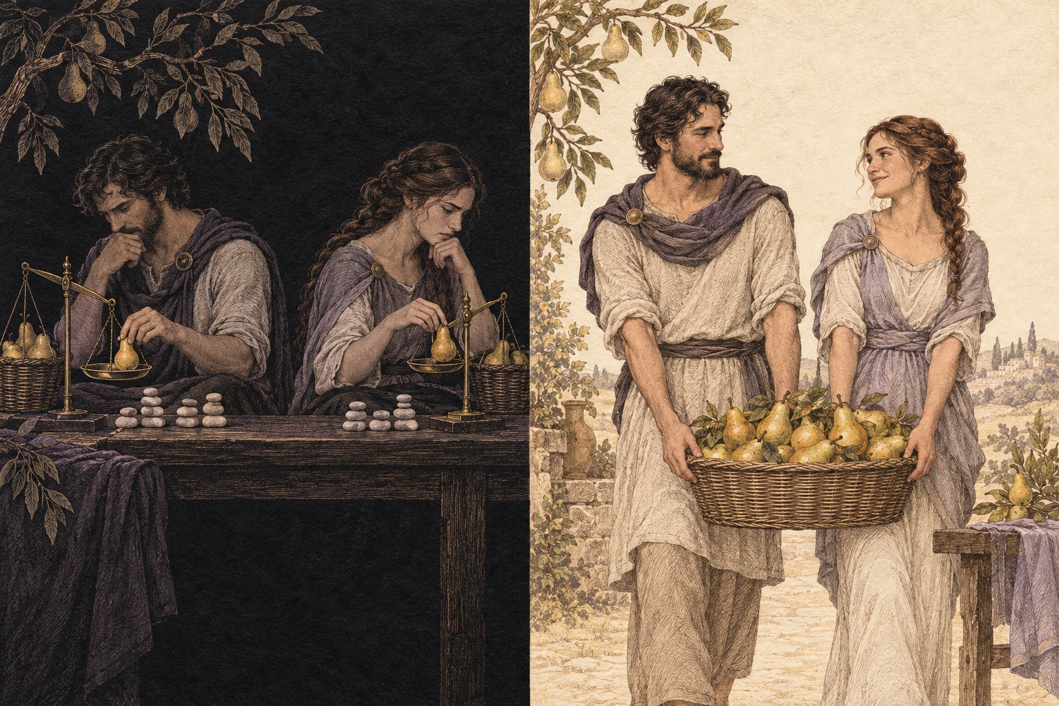 On black paper two peers weigh pears on separate balances; on ivory paper they carry one harvest basket together.