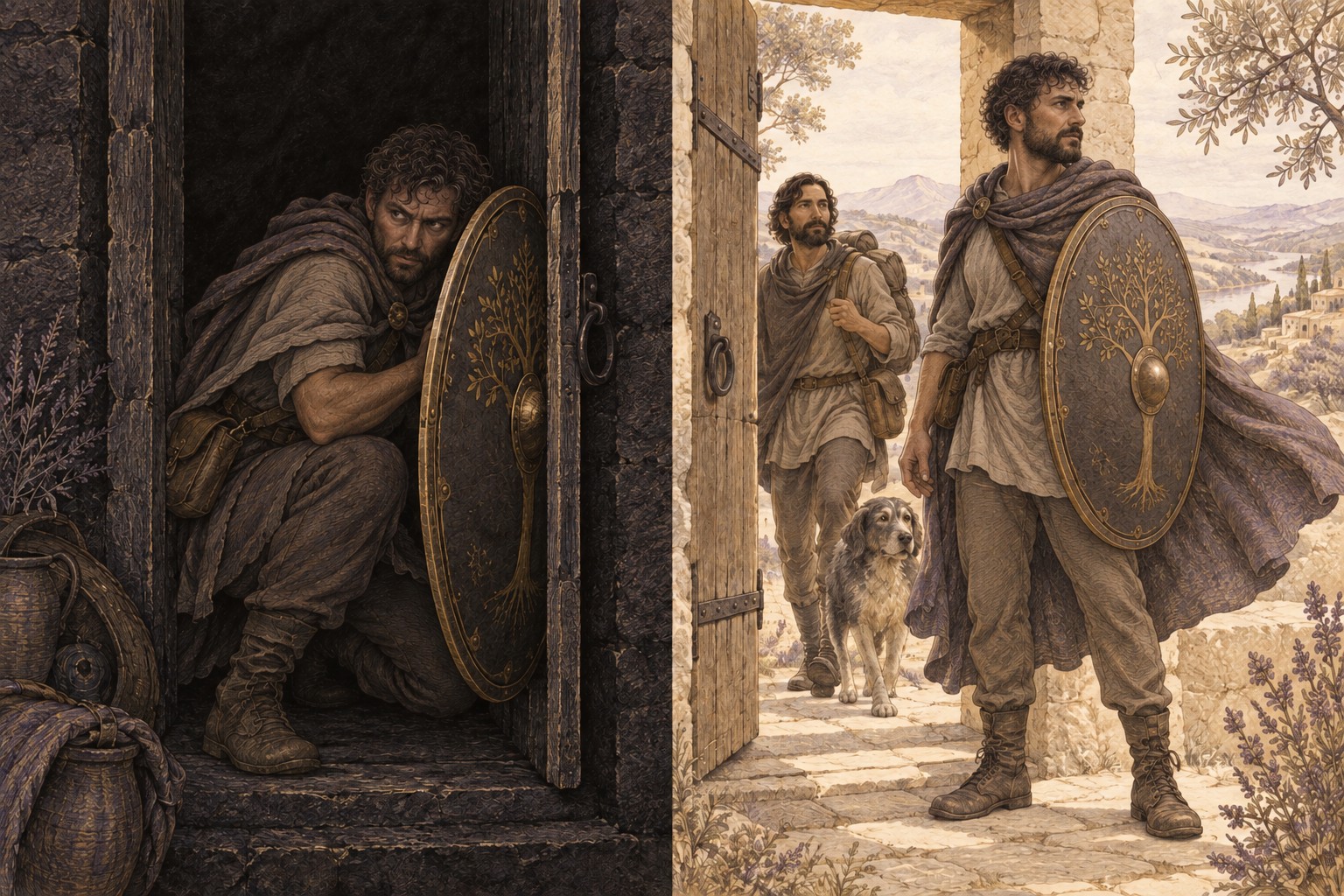 On black paper a tense male shield-bearer blocks a doorway; on ivory paper the same man shelters an open passage.