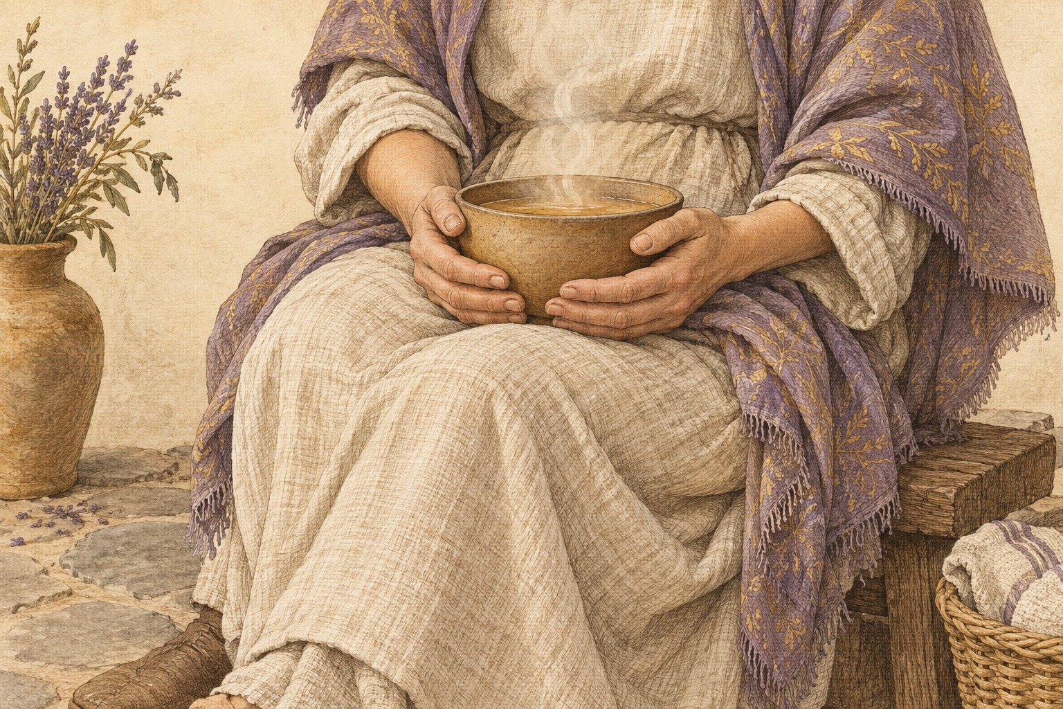 A seated adult in linen holds a steaming earthenware bowl close to the belly, with both hands resting around it.