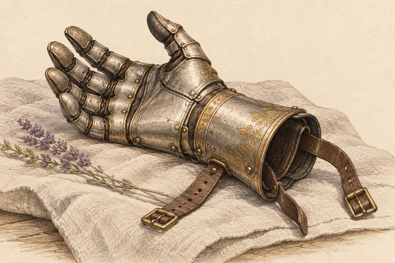 An articulated metal gauntlet rests open on linen, its five fingers relaxed and its leather wrist straps loosened.