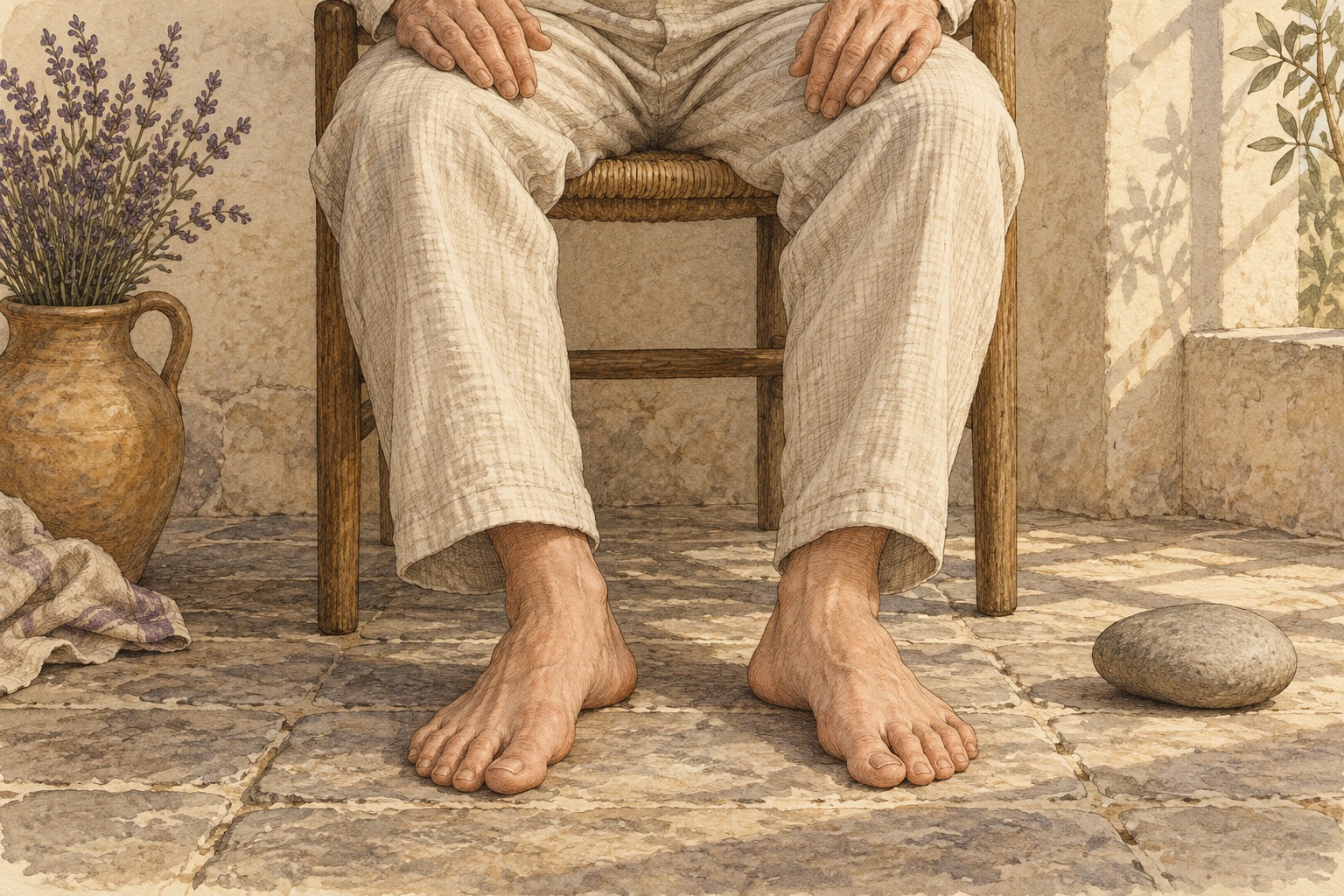 An adult sits with hands on linen-clad thighs and both bare feet resting on a stone floor beside a smooth stone.